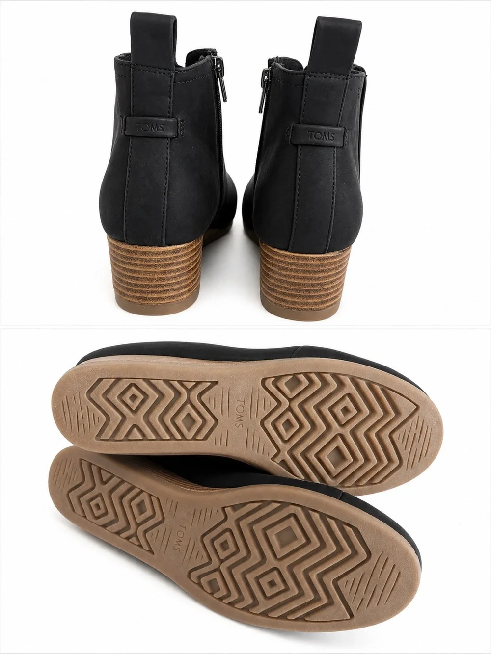 Toms Black Ankle Wedge Boots with Brown Wood-Look Heel
